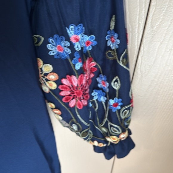 Floral Embroidered Navy Blue Women's Top - Picture 4 of 7